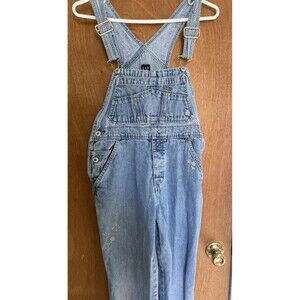 Vintage Gap Denim Overalls Floral Embrodery Carpenter Size L Y2K Distressed